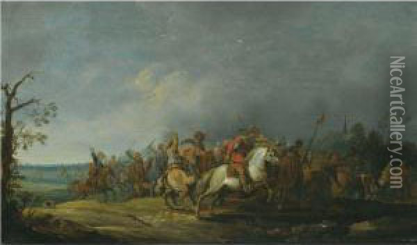 Landscape With A Cavalry Skirmish Oil Painting - Pieter Meulenaer