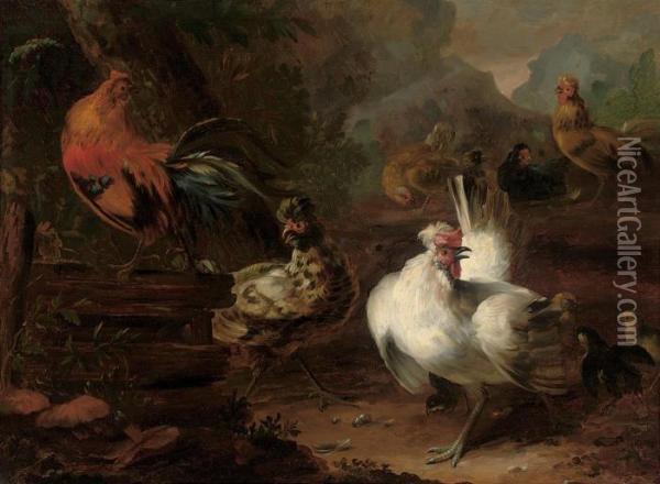 Cockerels, Chicks And Hens In A Wooded Landscape, Mountains Beyond Oil Painting - Melchior de Hondecoeter