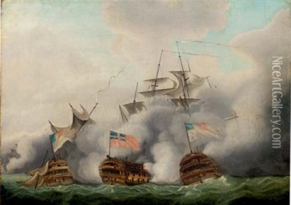 The "hms Brunswick" Engaging Two French Ships Off Ushant Oil Painting - Nicholas Pocock
