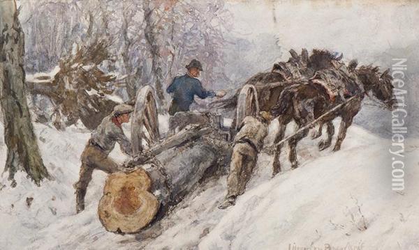 Working With Logging Wheels In Thesnow Oil Painting - Jan Hoynck Van Papendrecht