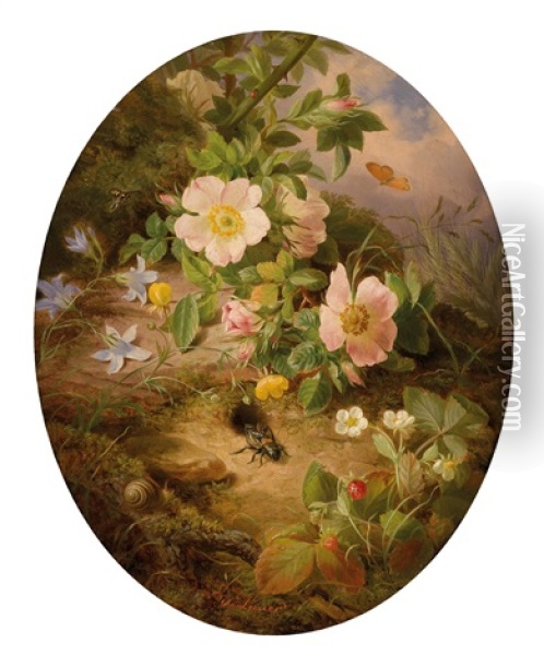 Blumenstuck Mit Rosen Und Erdbeeren Am Waldboden Oil Painting - Josef Lauer