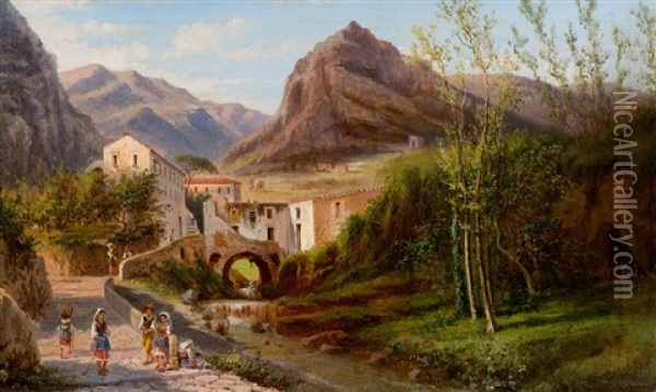 Pasta Factory In Amalfi Oil Painting - Achille Solari