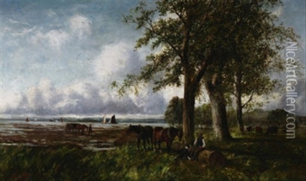 Weite Kustenlandschaft Bei Ebbe. Vorn Ein Rastender Bauer Bei Seinen Pferden Oil Painting - George A. Boyle