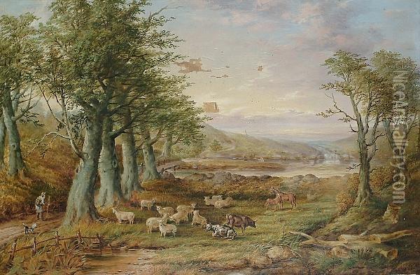 An Extensive Pastoral Landscape With A Figure On A Track Oil Painting - F.H. Gill