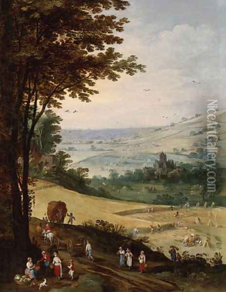 Peasants harvesting, an extensive landscape with a church beyond Oil Painting - Josse de Momper