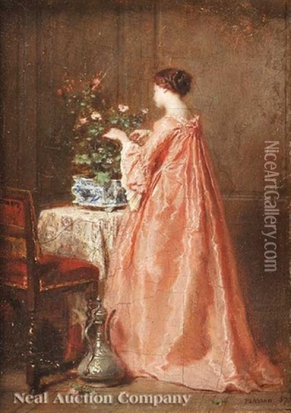 A Second Empire Interior: Woman In Pink Arranging Flowers Oil Painting - Antoine Emile Plassan