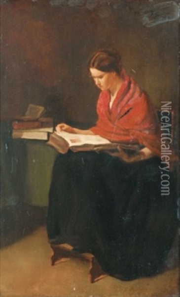Femme Au Chale Rouge Lisant Oil Painting - Francois Bonvin