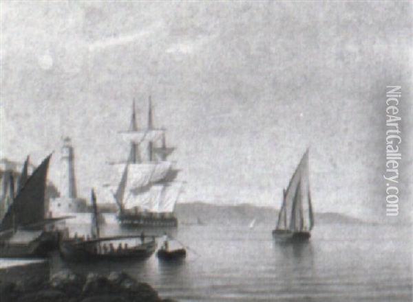 Marine Med Sejlskibe Ved Sydlandsk Havn Oil Painting - Carl Johann Neumann