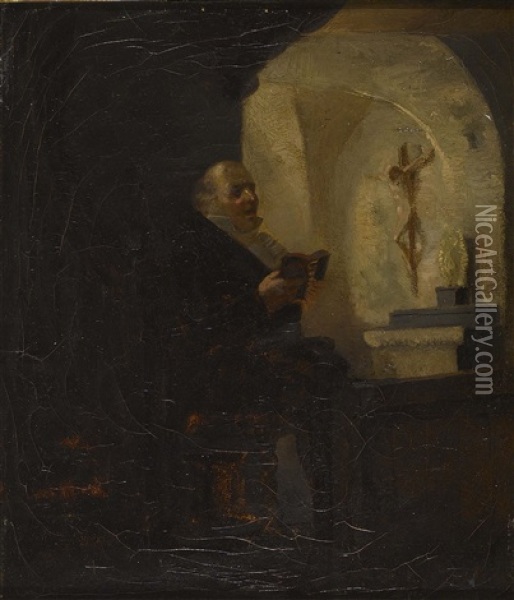 Betender Herr In Einer Kapelle Oil Painting - Jean-Jules Adrien Kunkler