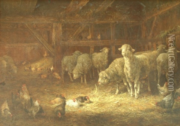 Barn Interior With Hens And Lambs Oil Painting - Charles Franklin Pierce