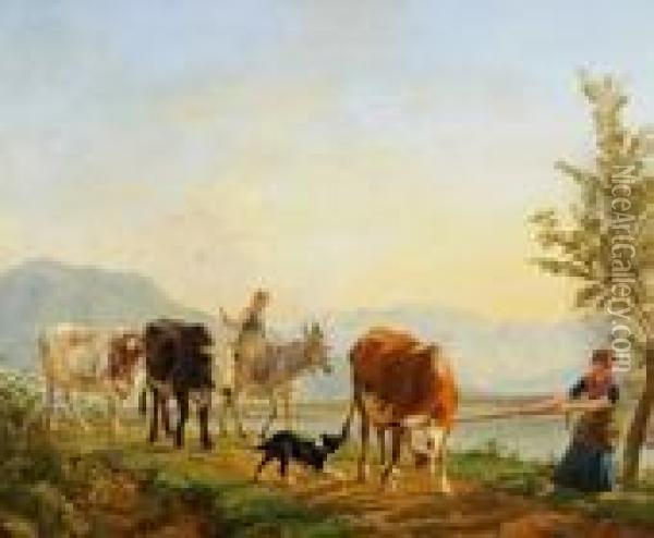 Kuhe Und Junge Hirten Auf Dem Heimweg Oil Painting - Jean Baptiste Berre