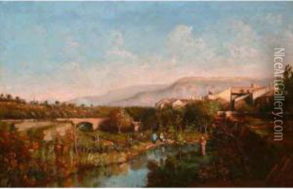 Lavandiere Au Pont De L'etoile. Oil Painting - Justin Jules Claverie