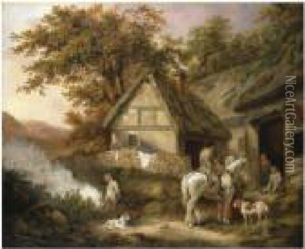 A Traveller Resting At A Cottage With A Boy Burning Weeds To Theleft Oil Painting - George Morland