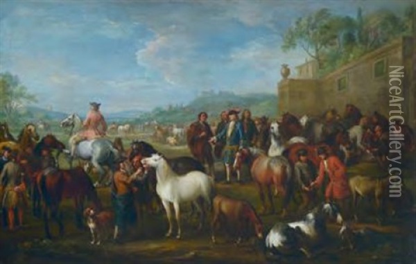 Pferdemarkt Mit Kavalieren Und Bauern In Hugeliger Landschaft Oil Painting - Nicolaas van Eyck