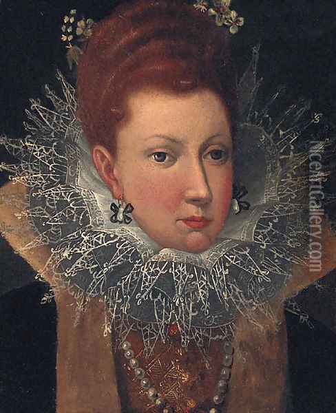 Portrait of a Lady, head and shoulders, wearing a lace ruff with flowers in her hair Oil Painting - Robert Peake