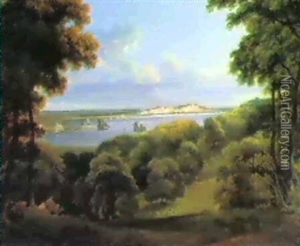 A View Of Belvedere, The Seat Of Lord Eardley, Kent, With   Shipping On The Estuary, And A Shepherd In The Foreground Oil Painting - James Barret