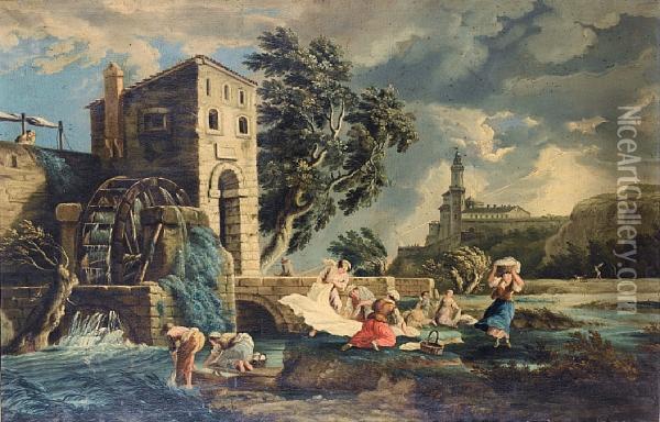 Washerwomen By A Watermill In An Open Landscape, With A Castle On The Horizon Oil Painting - Claude-joseph Vernet