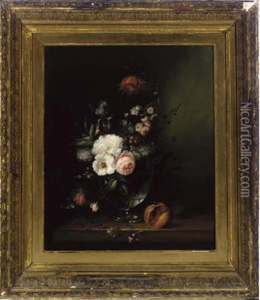 Iris, Carnation, Pink Roses, 
Hibiscus And Honeysuckle In A Glass Vase With A Pomegranate To The Side,
 On A Stone Ledge Oil Painting - Jan Davidsz De Heem
