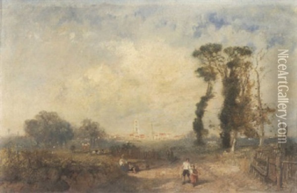 Figures Walking On A Country Lane Oil Painting - James Baker Pyne