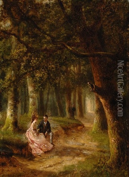 Two Lovers In A Forest Oil Painting - Albert Roosenboom