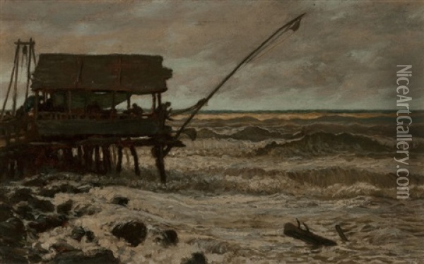 Fishing Hut Off Pierhead, Viareggio, Italy Oil Painting - Elihu Vedder
