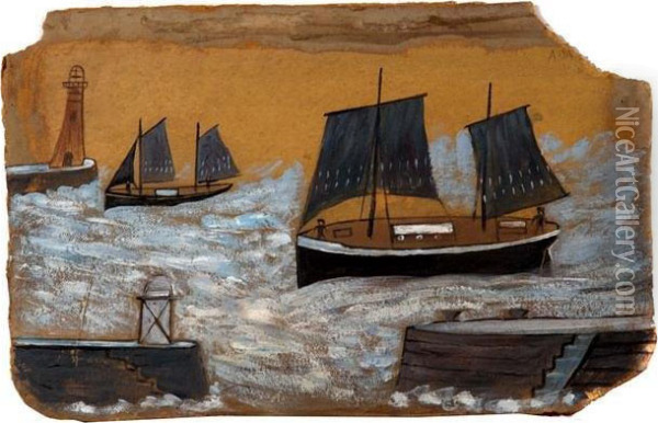 Shipping Off A Harbour Wall With Lighthouse Oil Painting - Alfred Wallis