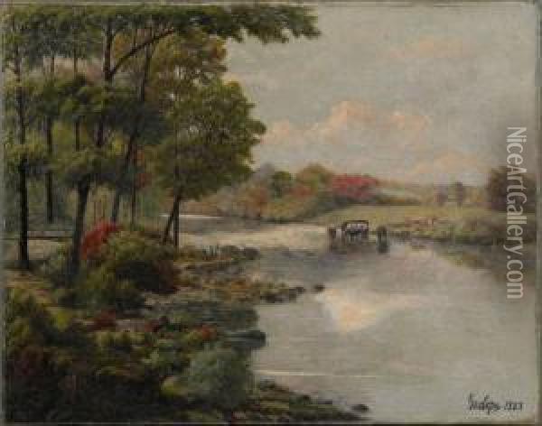 Landscape With Cows In A River Oil Painting - George Cope