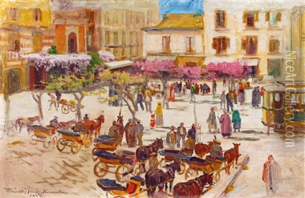 Italian Town With Cabs (sorrento) Oil Painting - Jenoe Karpathy