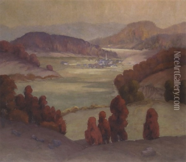 Autumn Landscape With Rural Village Oil Painting - Joseph Archibald Browne