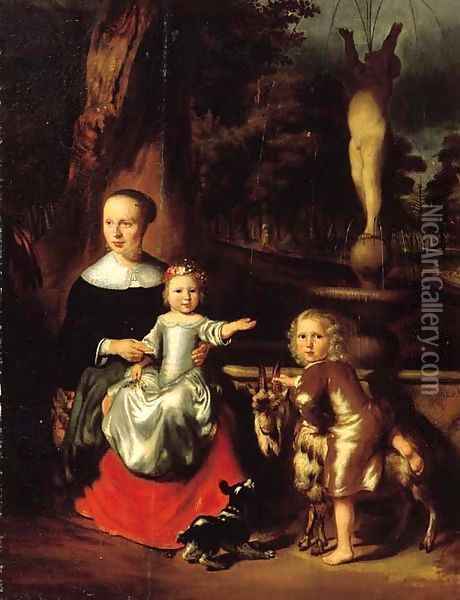 A group portrait of a mother and her two children by a fountain in a park she seated small full length Oil Painting - Nicolaes Maes