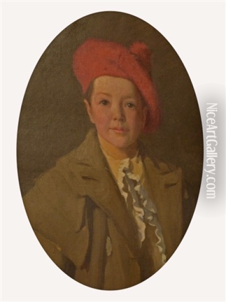 Portrait Of A Young Boy With Red Tam Oil Painting - Dermod O'Brien