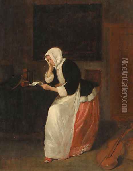 A lady reading a letter in an interior Oil Painting - Quiringh Gerritsz. van Brekelenkam