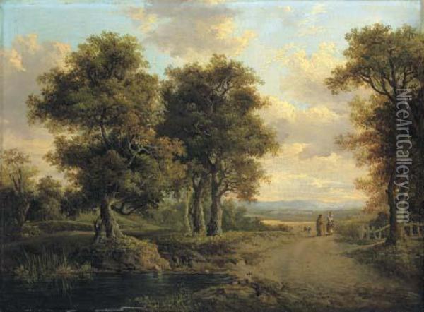 A Wooded Landscape With A Pond In The Foreground And Figures On A Path In The Distance Oil Painting - Patrick, Peter Nasmyth