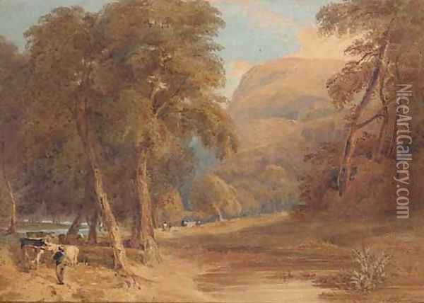 A wooded river landscape with a herdsman and cattle Oil Painting - John Thirtle
