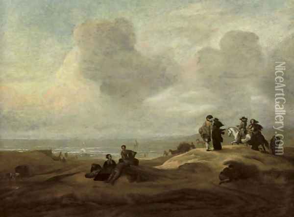 Elegant figures in a dune landscape with the ocean beyond Oil Painting - Jacob Esselens