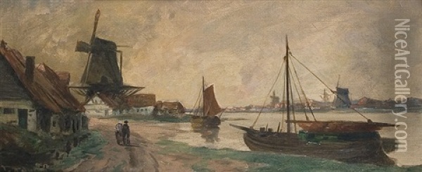 Fisher Harbor In Friesland Oil Painting - Julius Friedrich Ludwig Runge