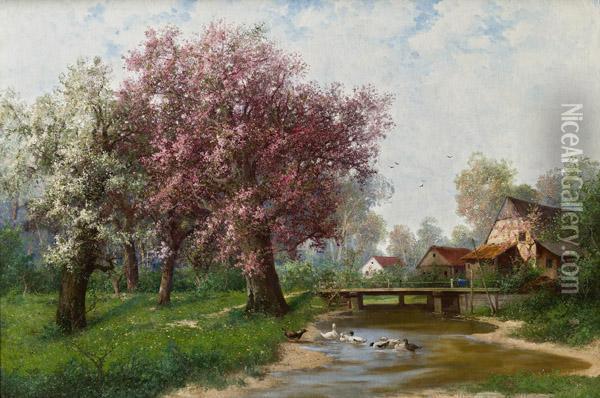 Bluhende Baume Am Fluss Oil Painting - Adolf Kaufmann