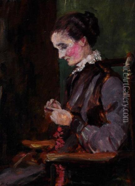 A Study Of A Woman Seated In A Chair Sewing Oil Painting - Harold Gilman