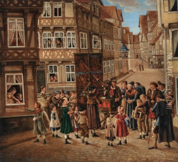 Moritatensanger Mit Drehleiher In Einer Gasse Mit Fachwerkhausern In Der Mundener Innenstadt Oil Painting - Friedrich Wilhelm Wittig