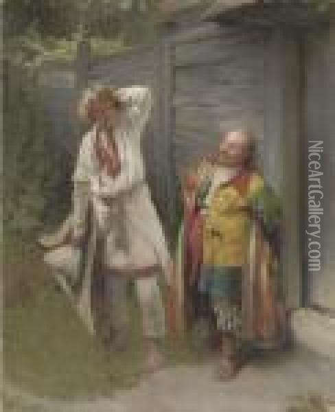 The Jester And The Gusli Player Oil Painting - Klavdiy Vasilievich Lebedev