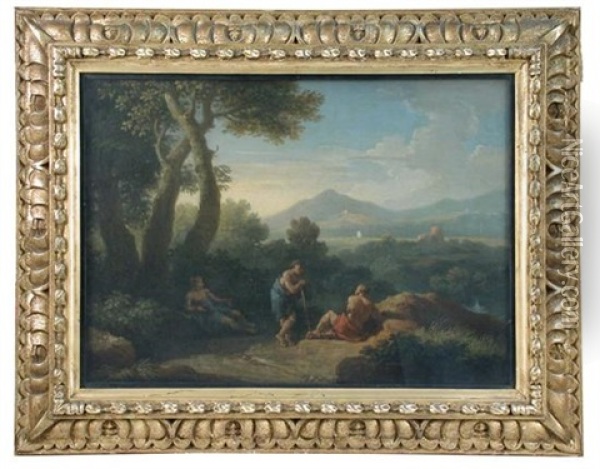 Travellers On A Bridge In An Italianate Landscape, A Castle Beyond; And Figures Conversing In A Southern Landscape (pair) Oil Painting - Jan Frans van Bloemen