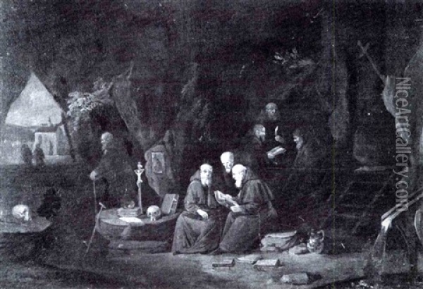 Felsengrotte Mit Ausblick In Eine Hugellandschaft Bei Nacht Und Eine Kapelle Oil Painting - Egbert van Heemskerck the Younger