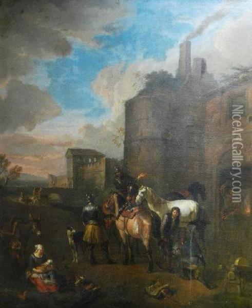 The Forge - Cavalry Men Outside The City Walls Oil Painting - Pieter van Bloemen