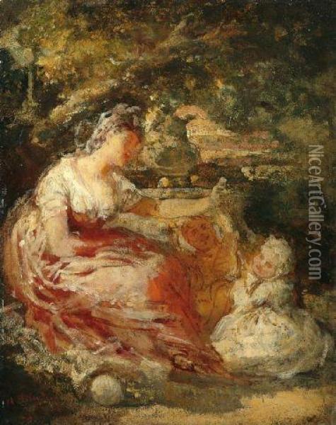 Junge Frau Mit Zwei Kindern Im Park Oil Painting - Narcisse-Virgile D Az De La Pena
