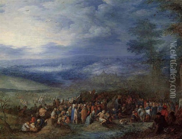 River Landscape With Christ Healing The Sick Oil Painting - Joseph van Bredael