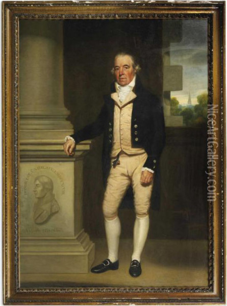 Portrait Of William Senhouse, Full-length, In A Buff Waist-coat And Breeches With A Black Coat And White Stock, Standing Beside A Column In An Interior, A View Of A Landscape With A Church Spire Oil Painting - Martin Archer Shee