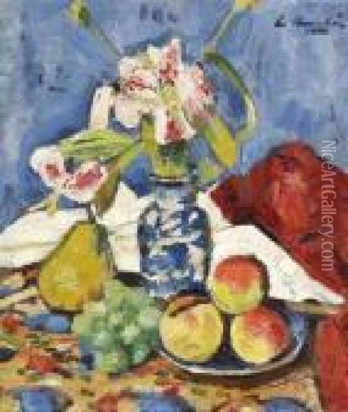 Still Life Of Lilies And Fruit Oil Painting - George Leslie Hunter