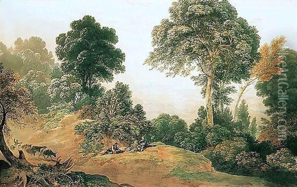 Travellers Picnicking By A Country Track, Windsor Castle In The Distance Oil Painting - John Glover