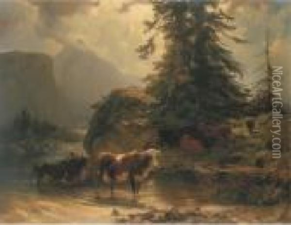 Kuhe Im Bergsee Oil Painting - Rudolf Koller