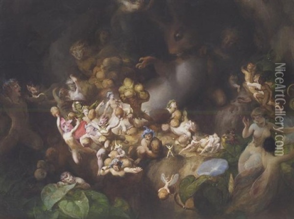 Titania's Elves Robbing The Squirrel's Nest - A Midsummer Night's Dream Oil Painting - Robert (Huskisson) Huskinson